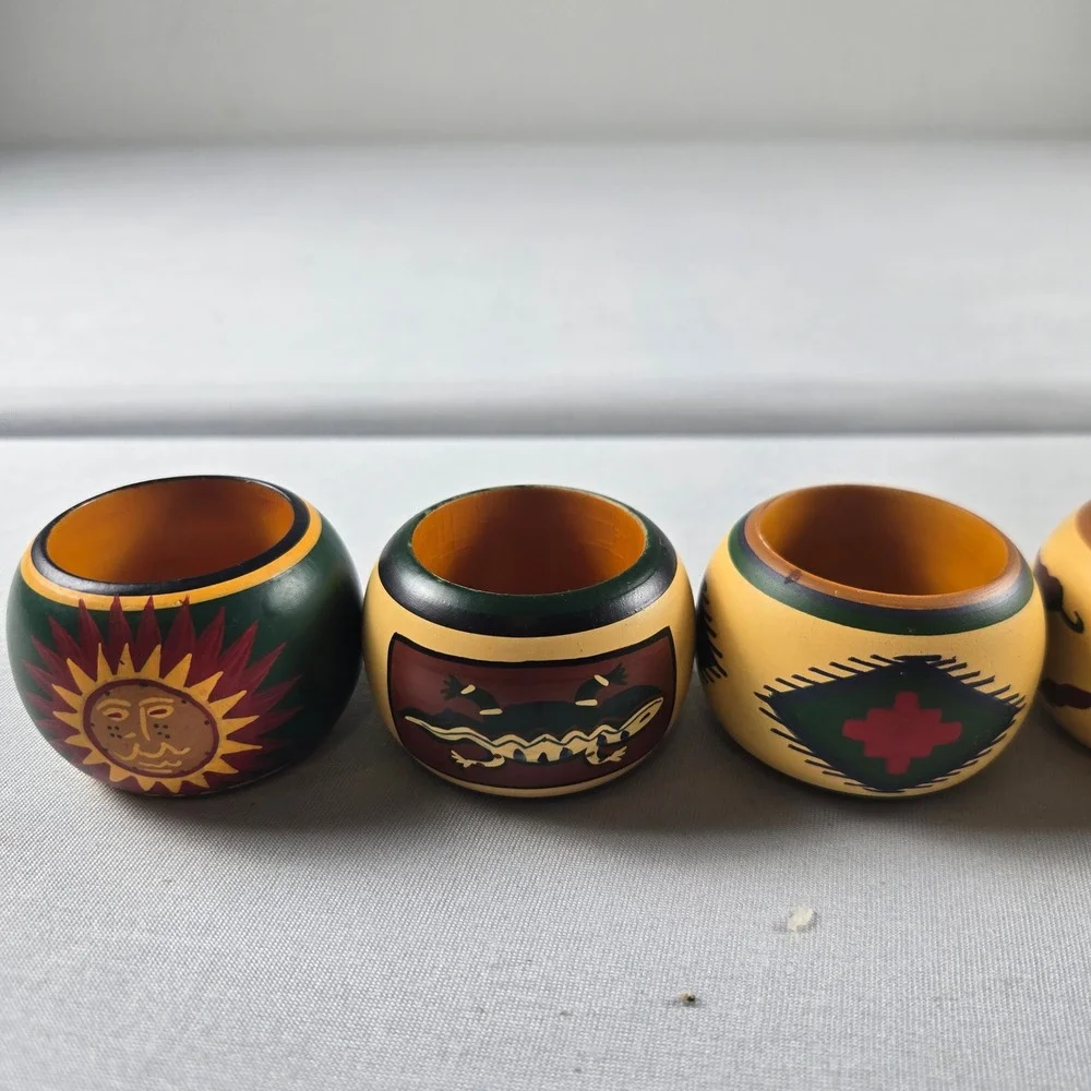 Vintage Hand Painted Wood Napkin Rings Set of 6 India Southwestern Folk Art
